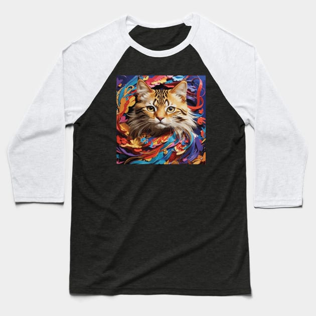 Colorful Cat-titude: A Kaleidoscope of Whiskers Baseball T-Shirt by veddie 